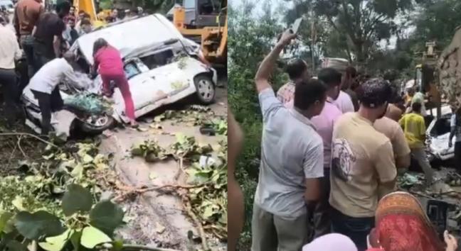 भराड़ीघाट में चलती कार पर गिरी भारी चट्टान, एक की मौत, दो गंभीर घायल